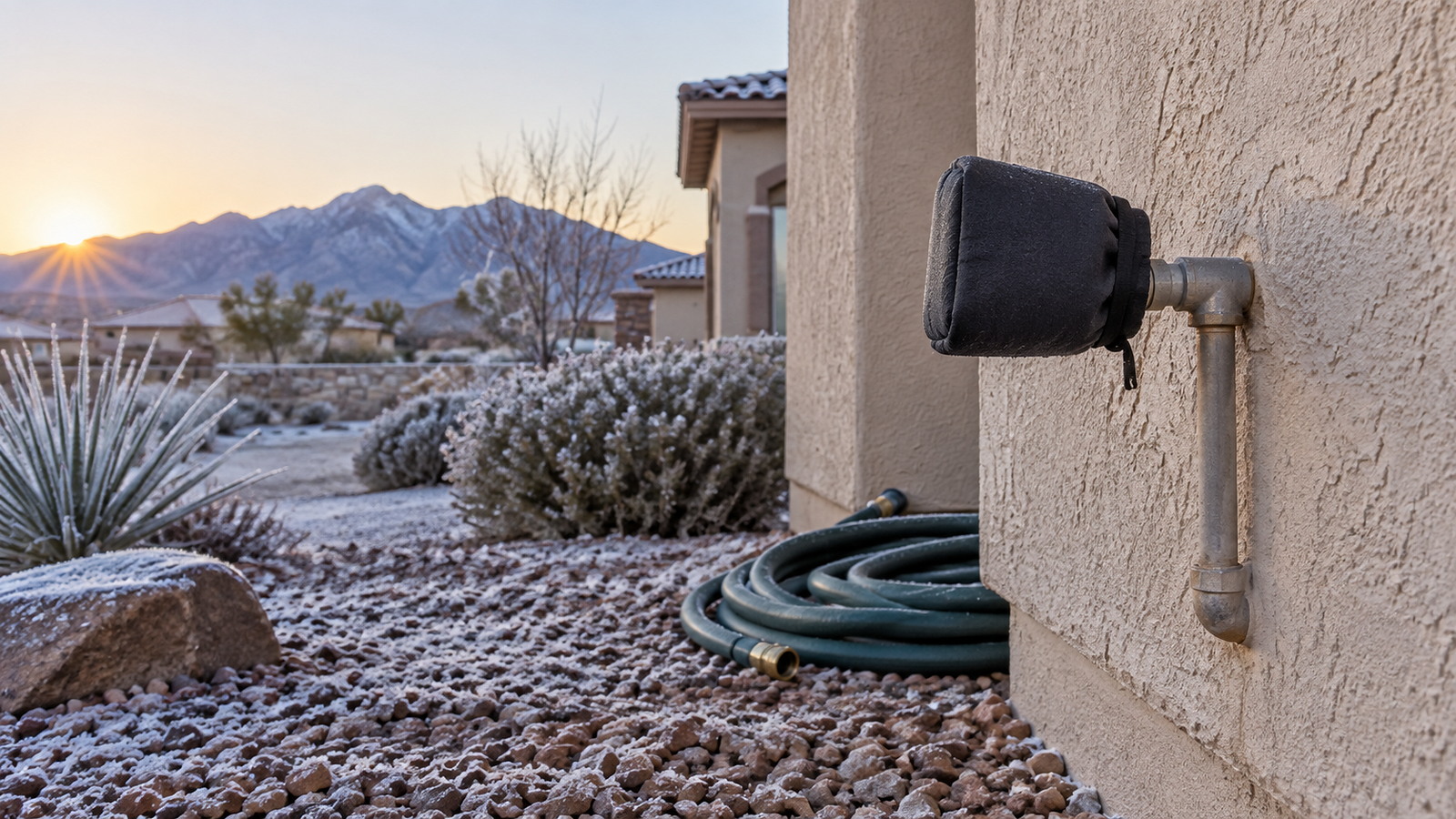 Insulated outdoor plumbing connection during freezing weather at a desert home