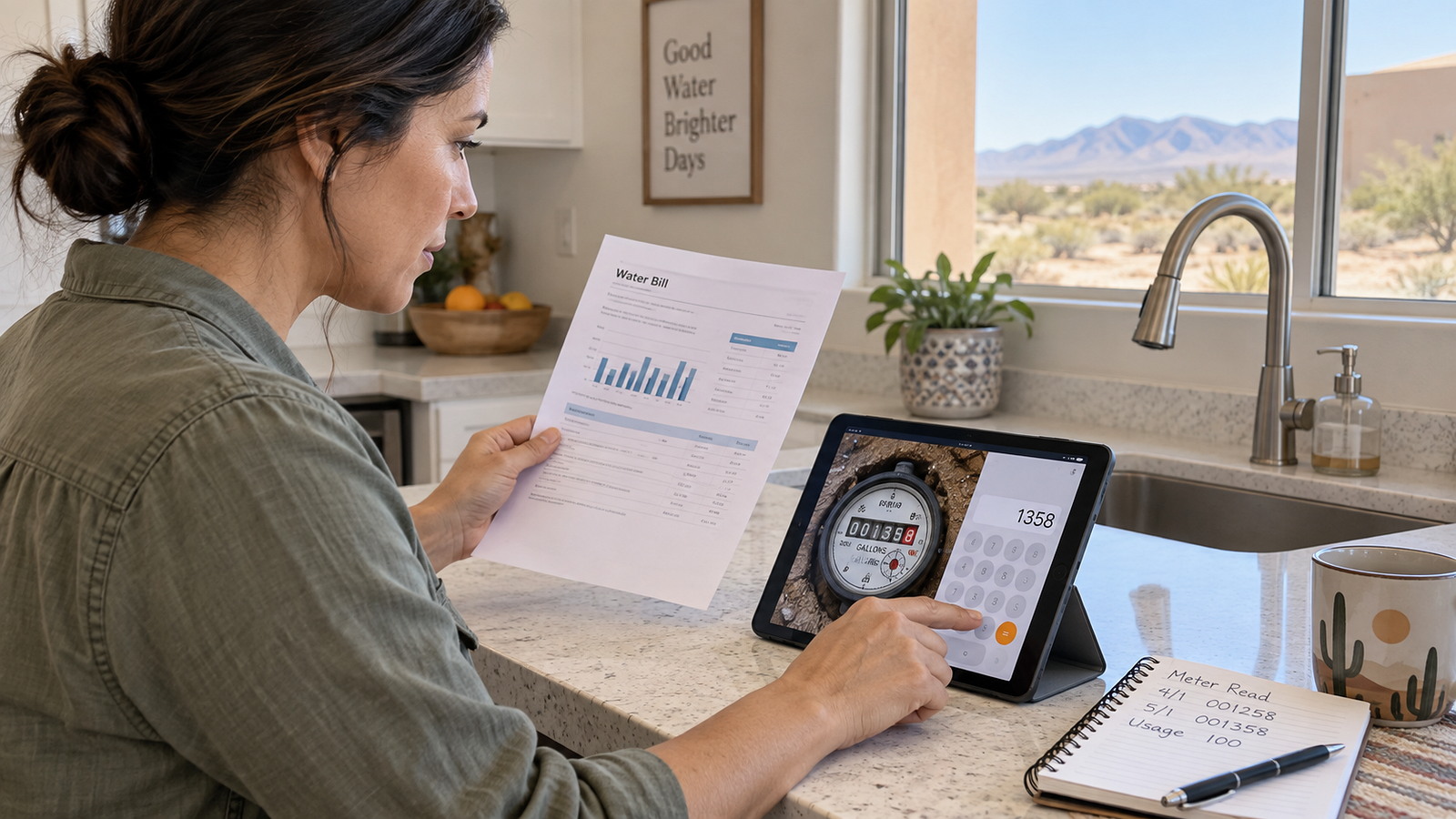 Homeowner comparing a water bill with a water meter reading
