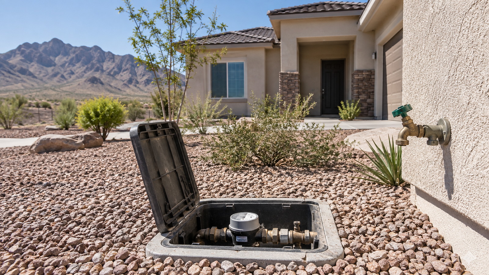 Desert Southwest home with an outdoor water meter and hose bib