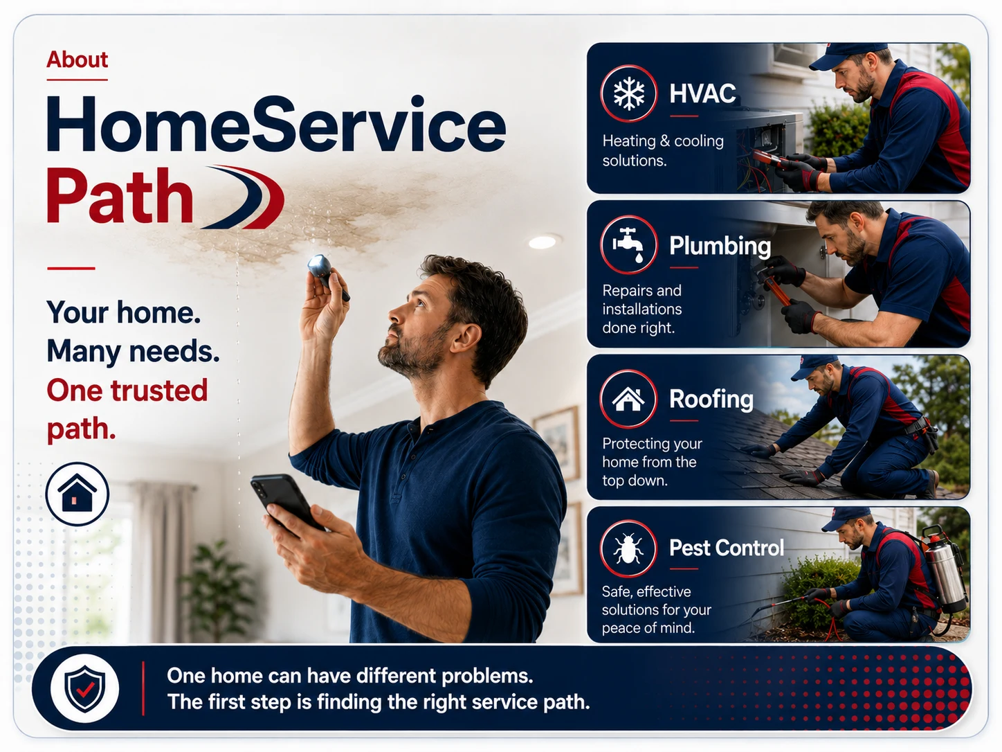 About HomeService Path visual showing a homeowner checking a ceiling problem with HVAC, plumbing, roofing, and pest-control service categories