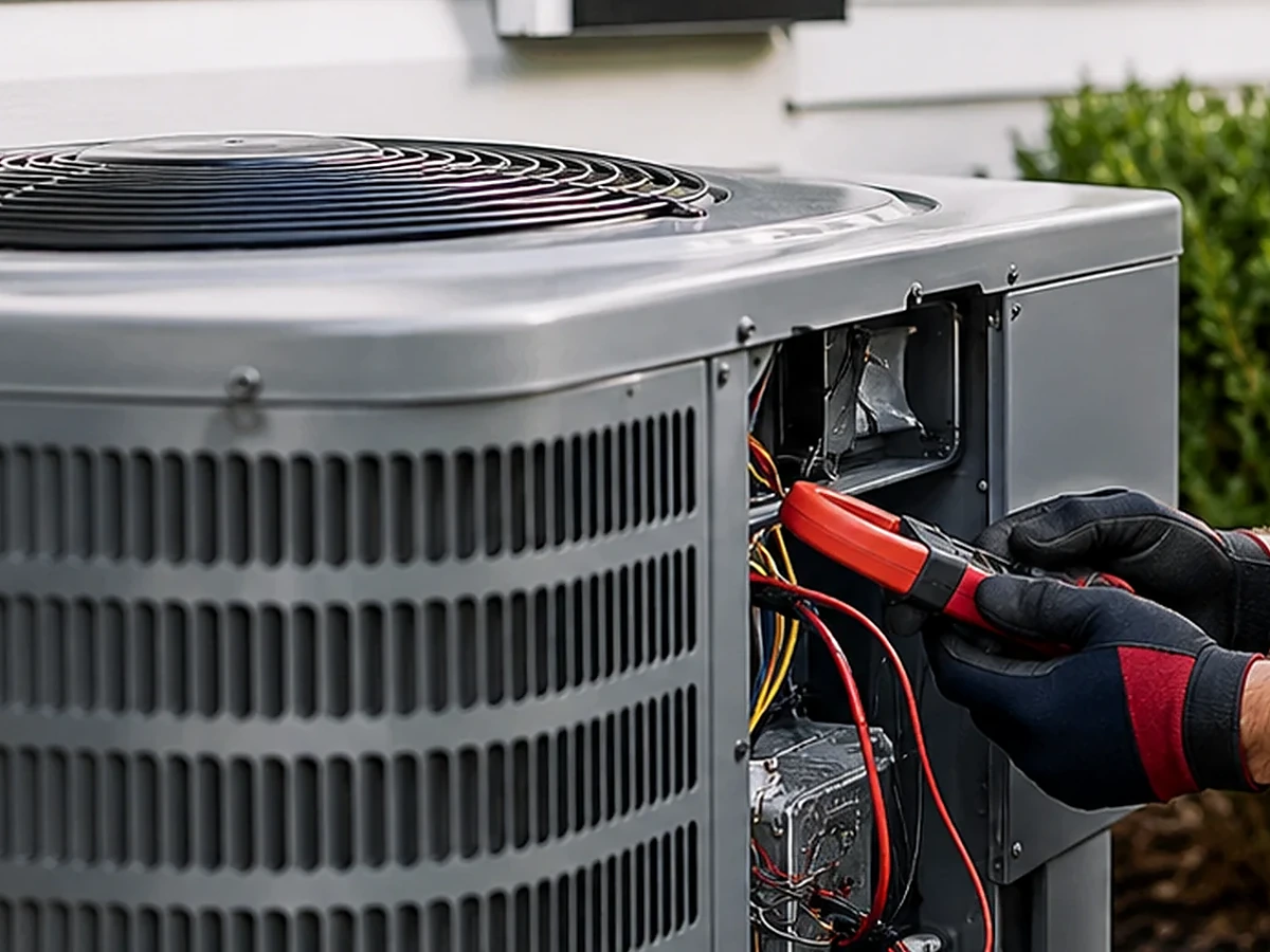 HVAC technician safely checking a residential outdoor air-conditioning unit that is not starting