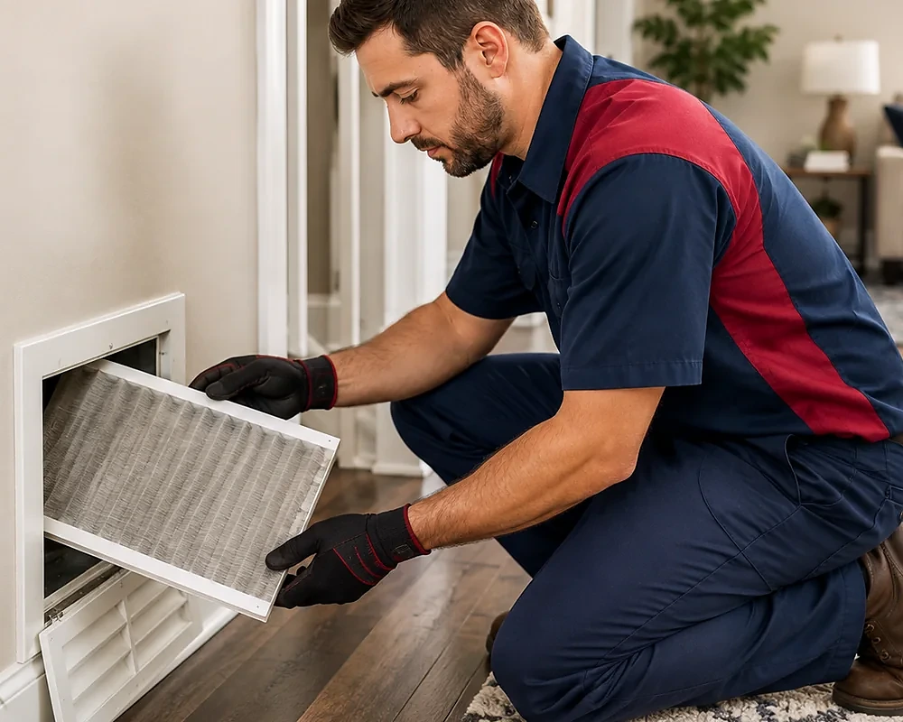 HVAC technician replacing a residential air filter while investigating indoor air and odor concerns