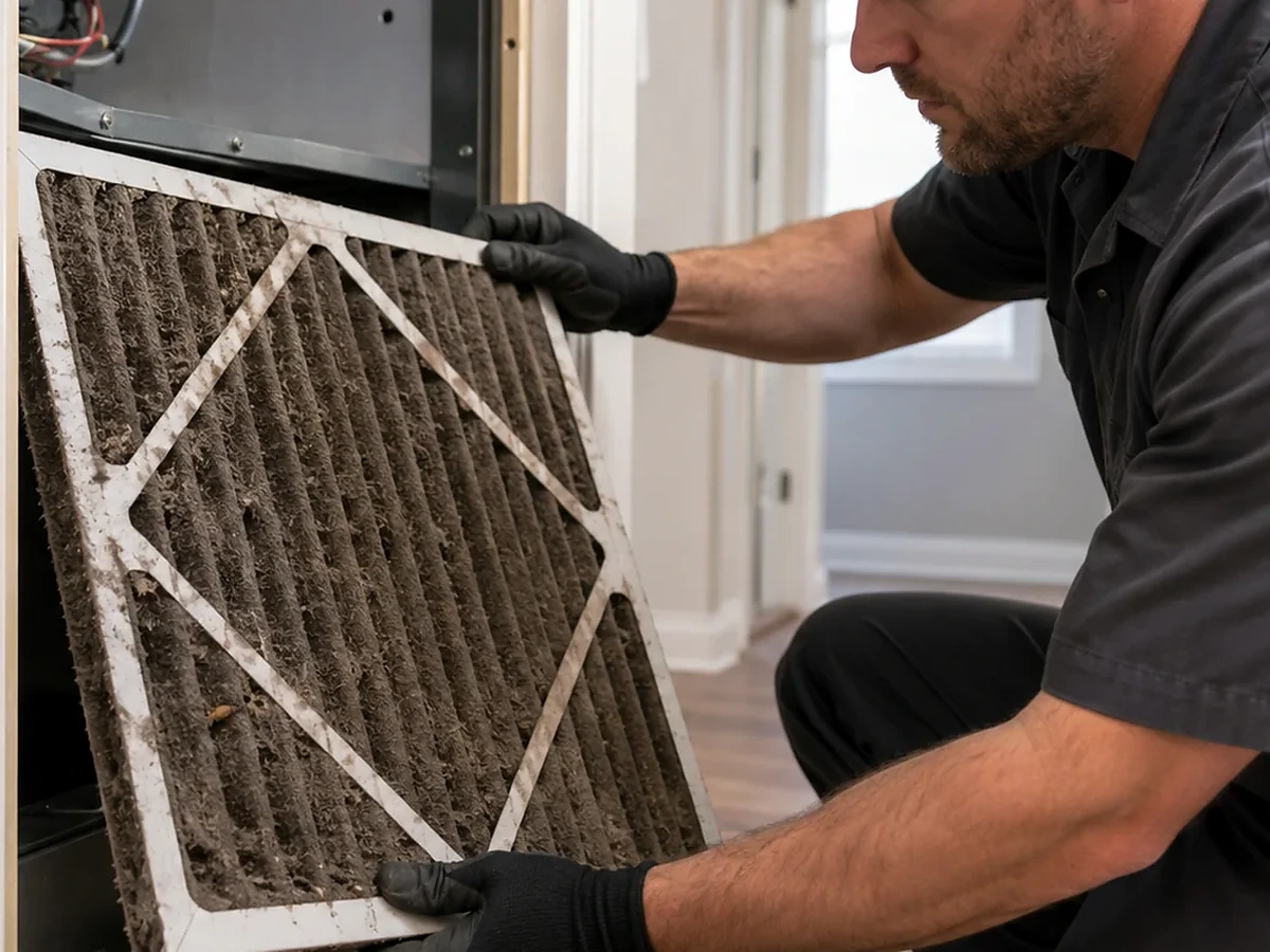 Dirty HVAC air filter illustrating a common airflow and vent restriction
