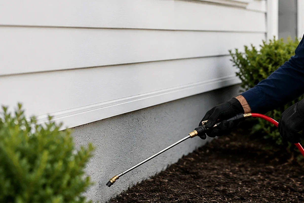 Pest-control professional treating the exterior of a home where mosquito activity may occur