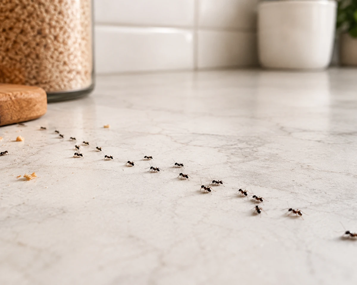 Ant trail across a residential kitchen surface