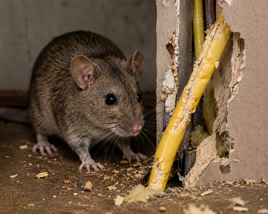 Mouse beside visibly damaged electrical wiring