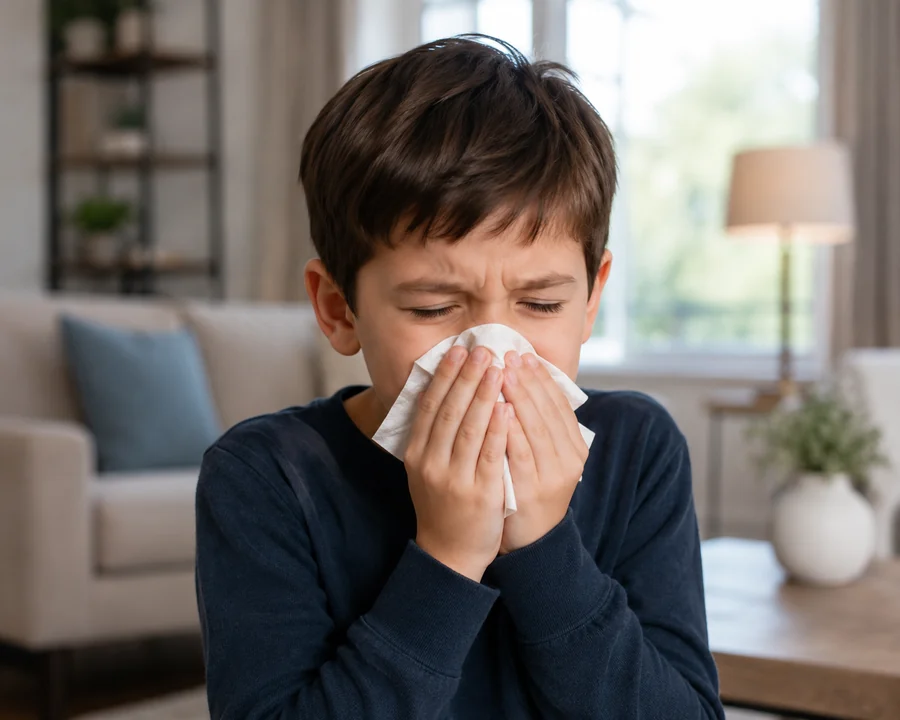 Child sneezing in a residential living room