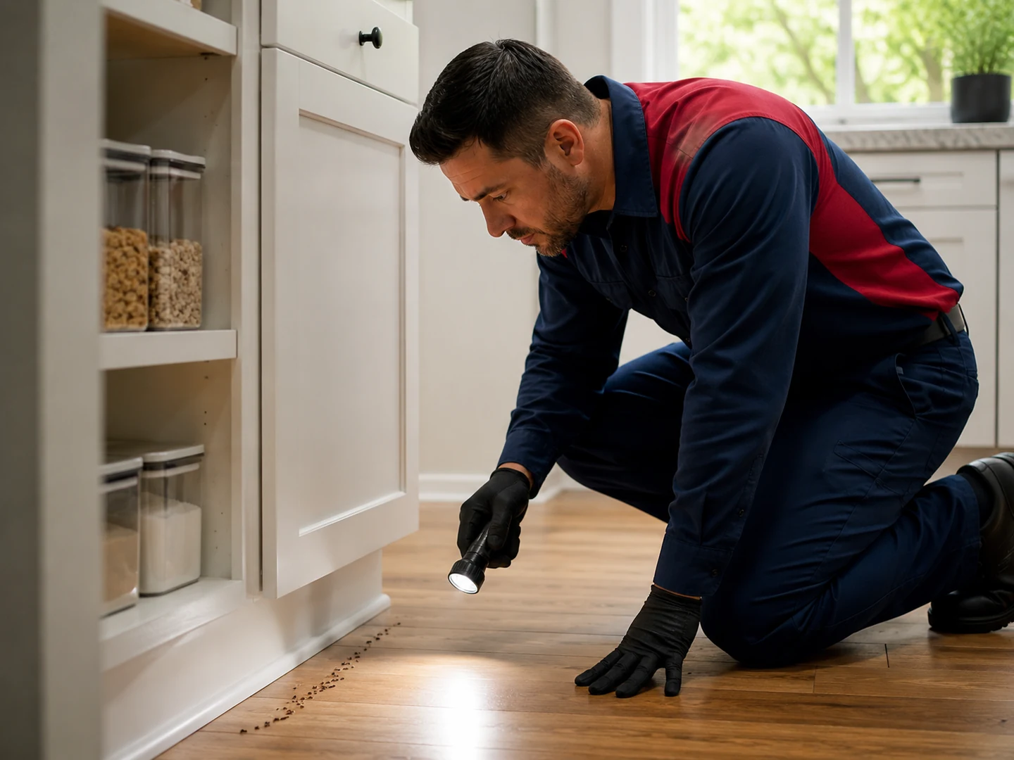 Pest-control professional inspecting a residential kitchen for unidentified pest activity