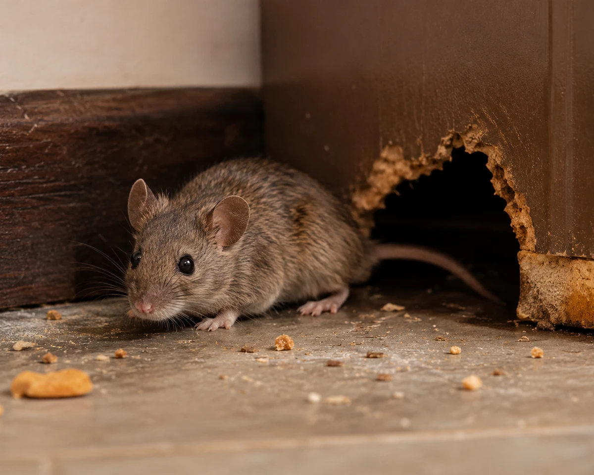 Mouse near a chewed entry opening in a home
