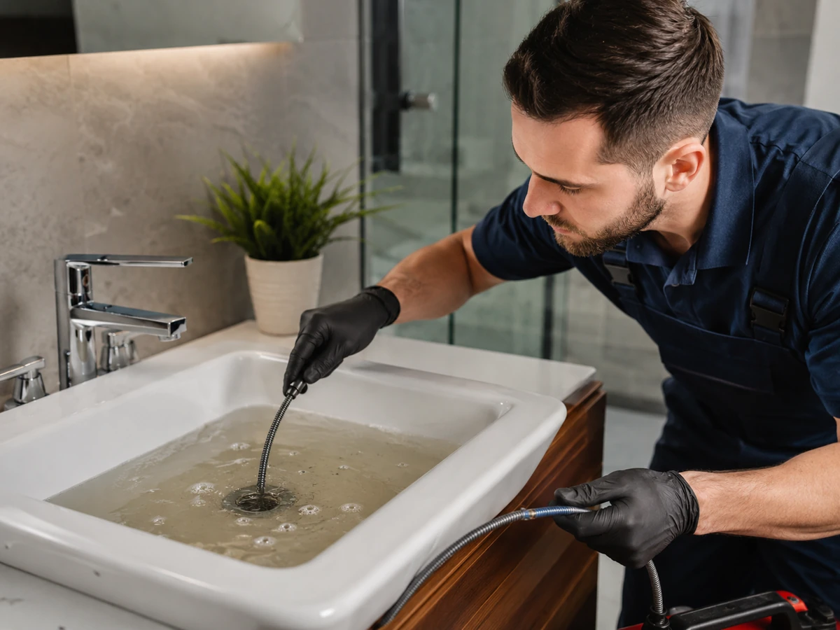 Plumber working at a residential sink affected by a clogged drain