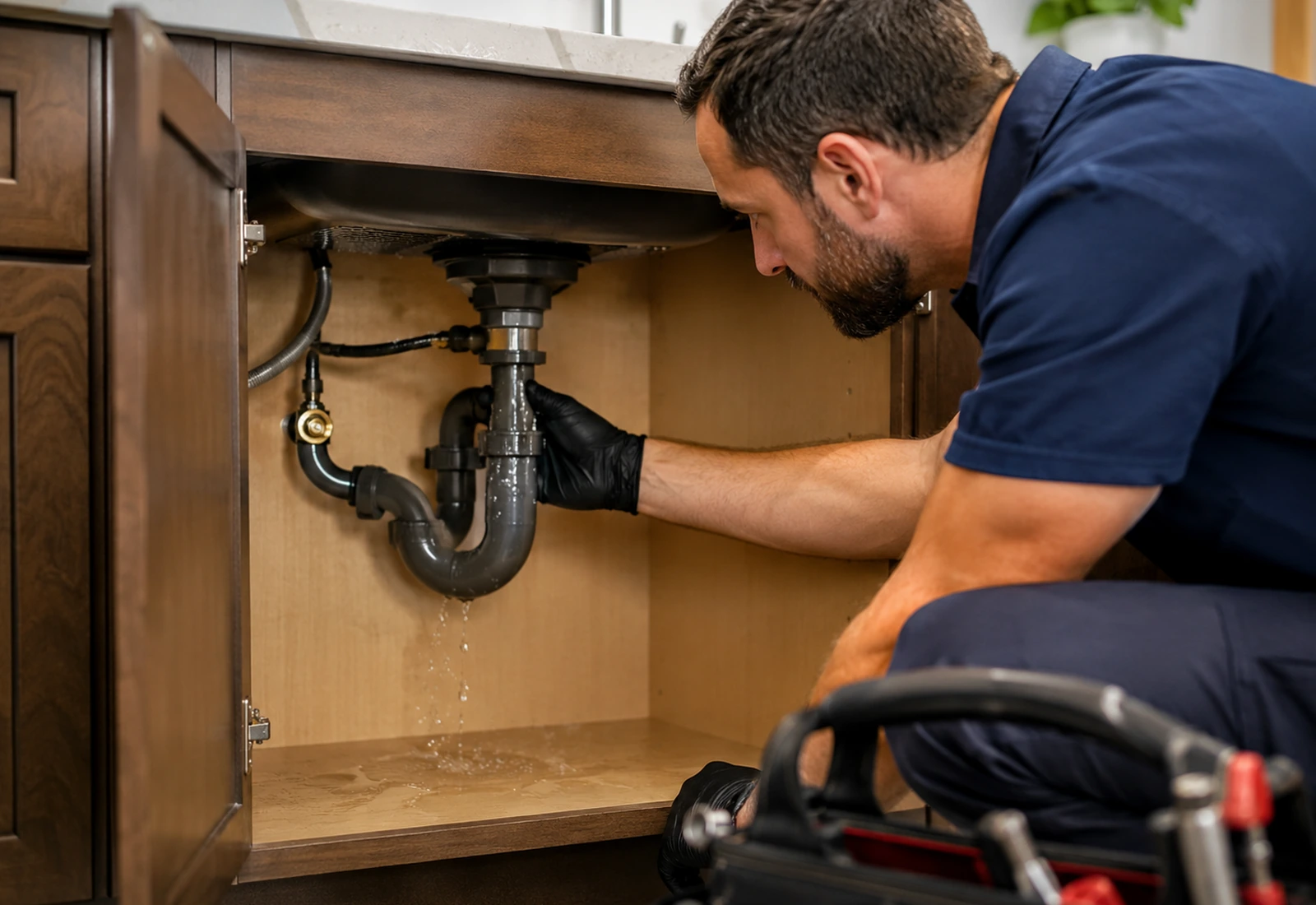 Plumbing professional repairing an under-sink drain connection