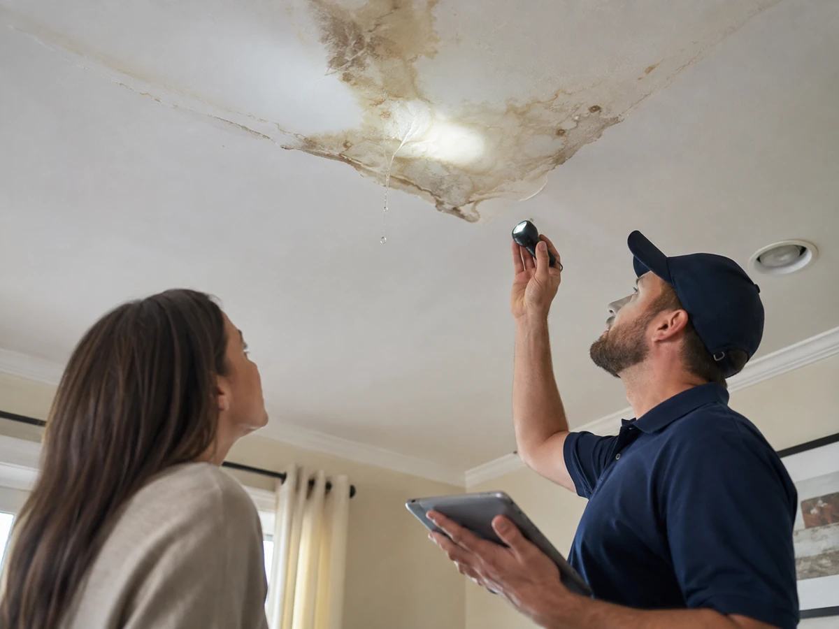 Home interior water-damage inspection illustrating a possible hidden plumbing leak
