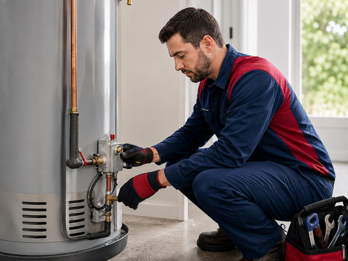 Plumbing professional inspecting a residential water heater