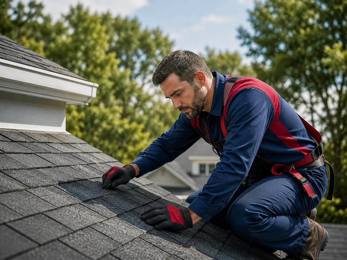 Roofing professional inspecting weathered residential shingles for age-related wear