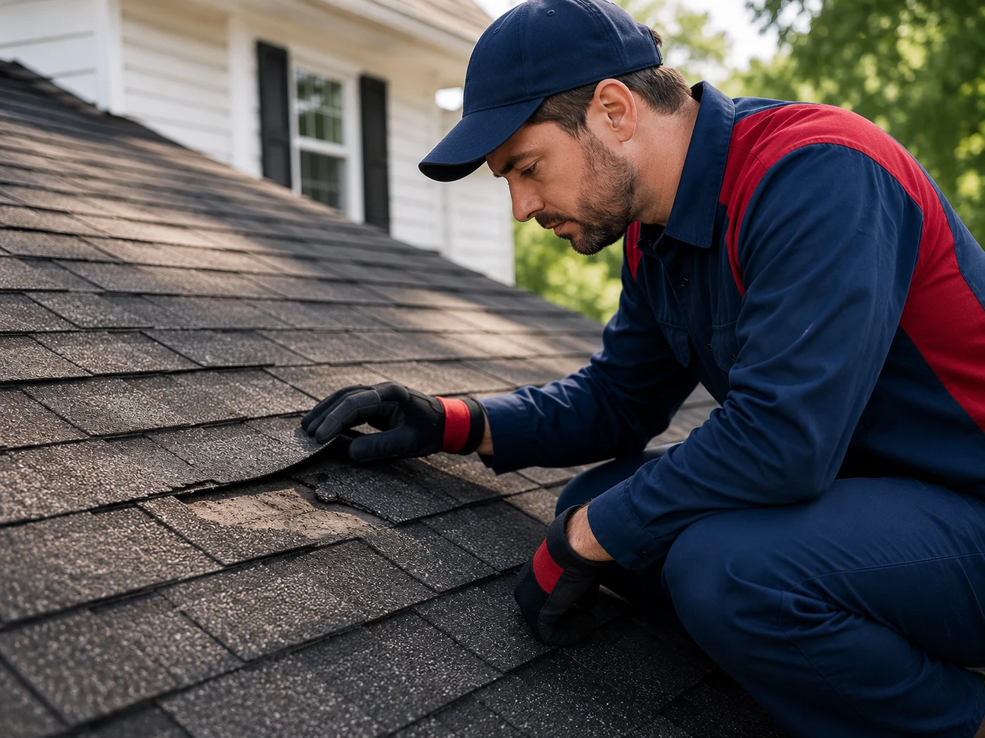Roofer inspecting a visibly damaged residential roof area and flashing