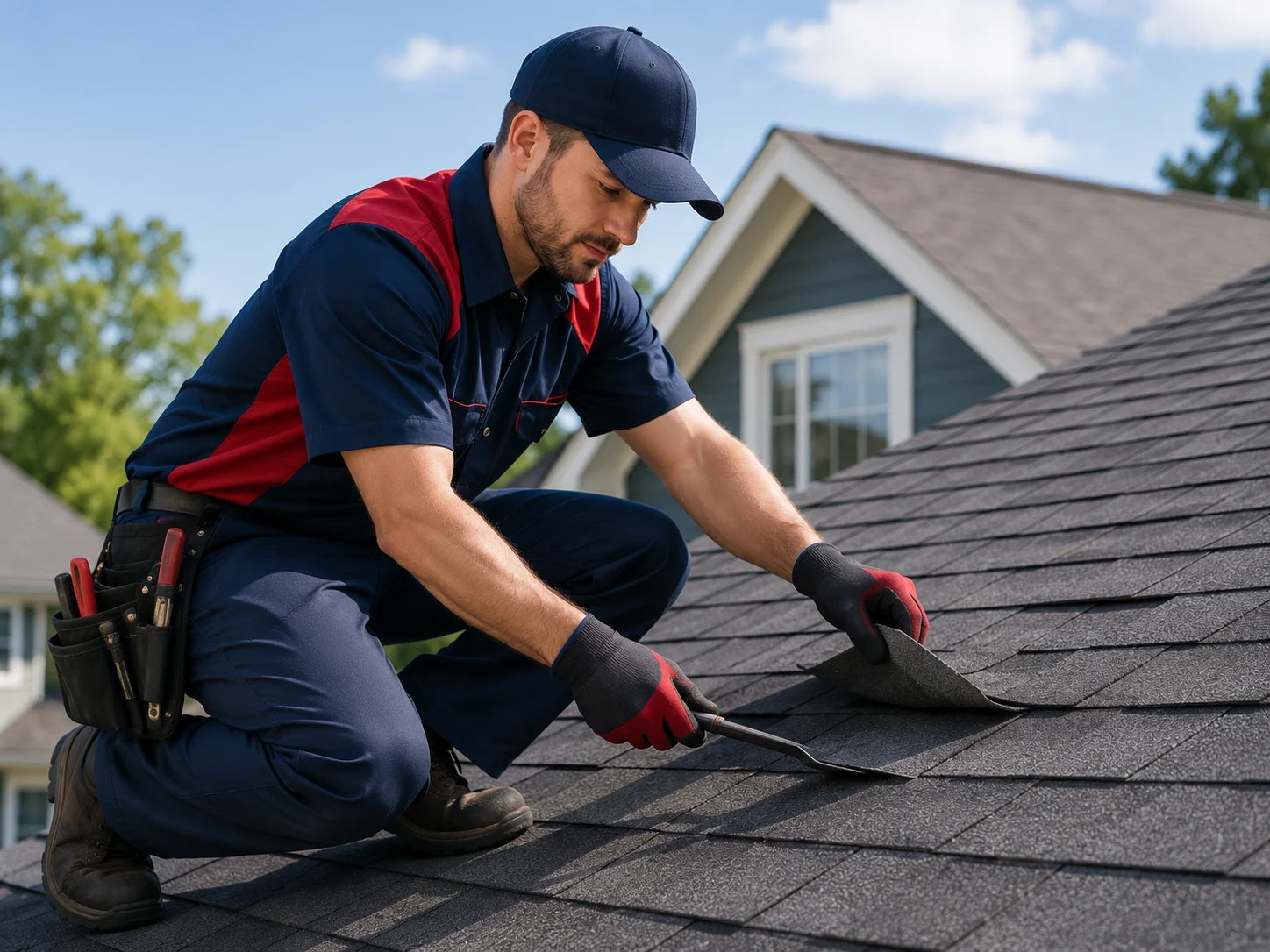 Roofing professional performing a residential roof inspection