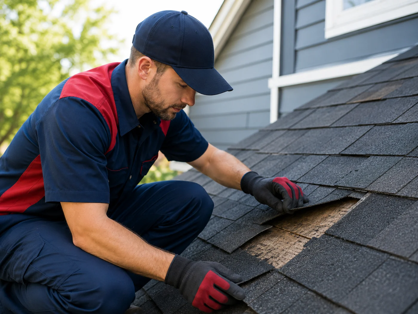 Missing and lifted residential shingles illustrating possible wind damage