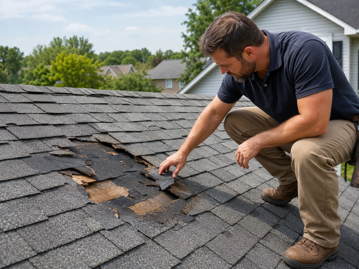 Storm-damaged asphalt shingles on a residential roof
