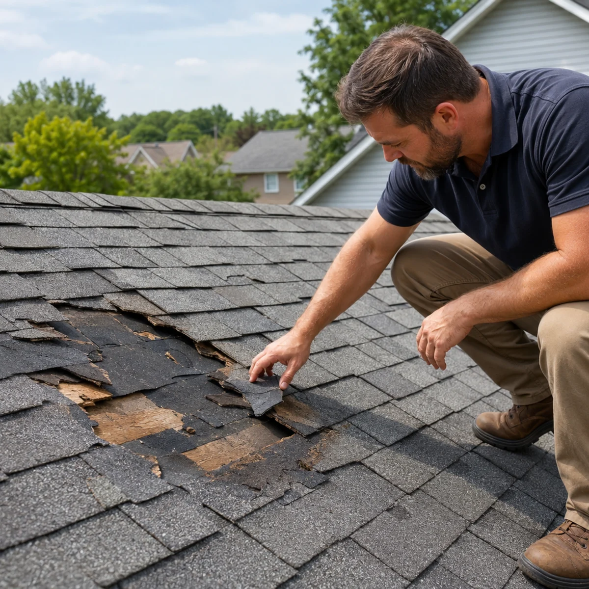 Residential roof inspection image used for structural and sagging-roof warning signs