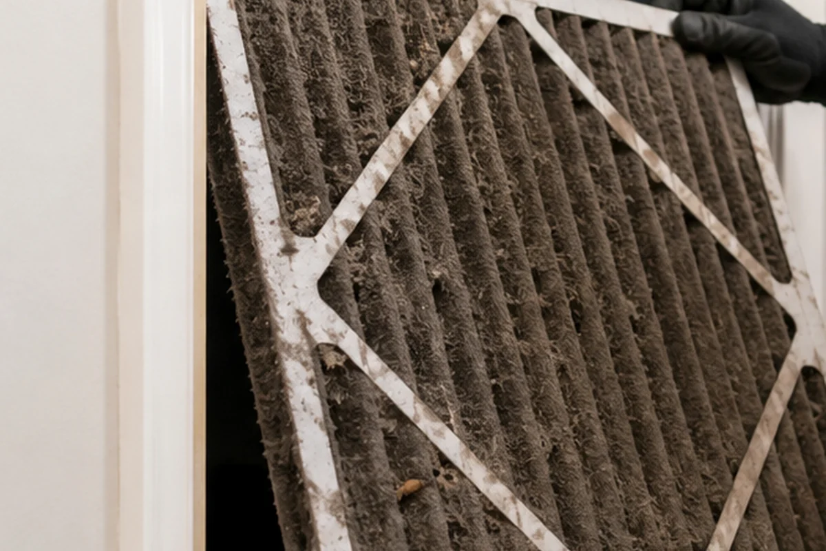 Severely dirty residential HVAC air filter restricting airflow