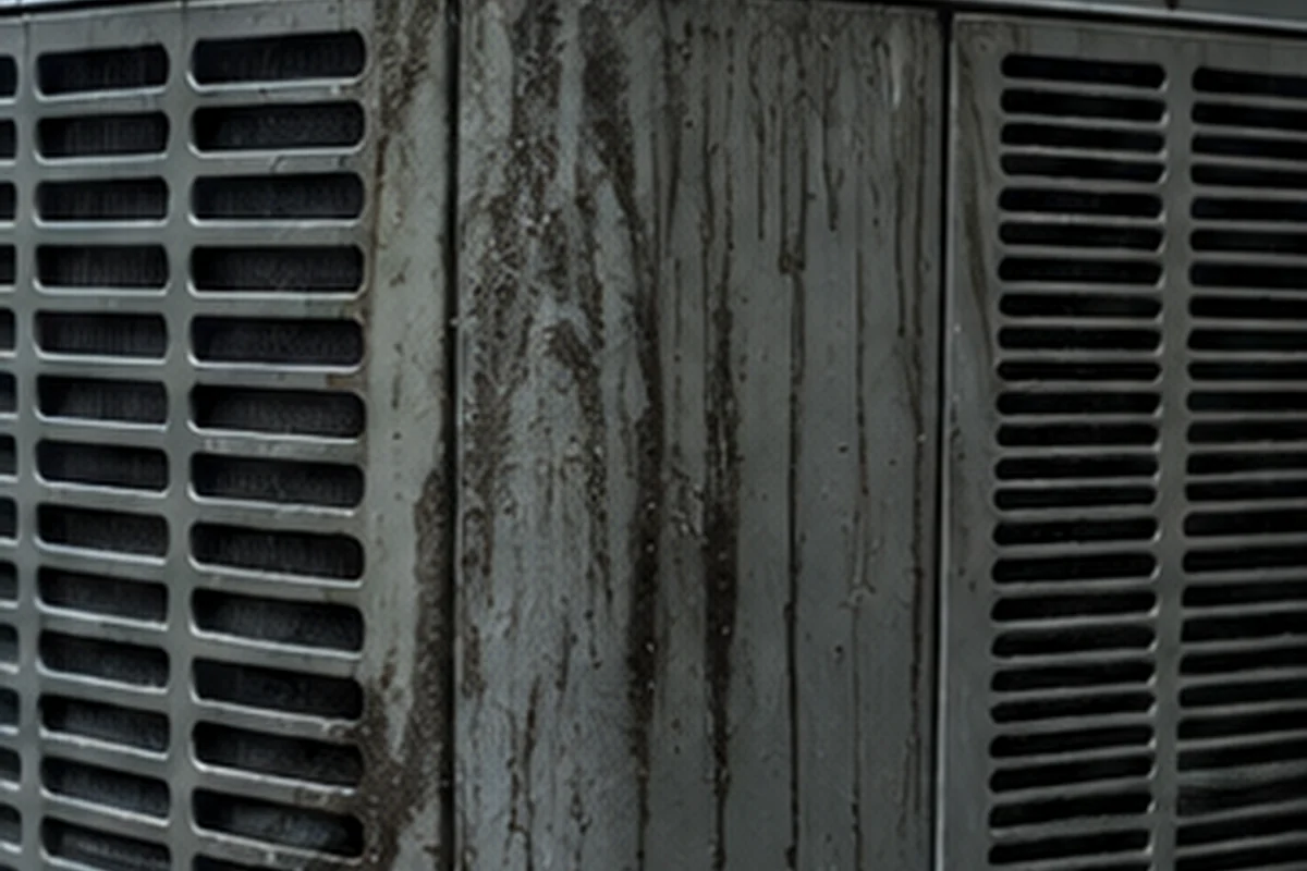 Residential outdoor air-conditioning unit showing moisture and cooling-system trouble