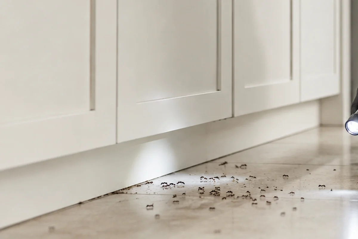 Ant activity along the floor of a residential kitchen