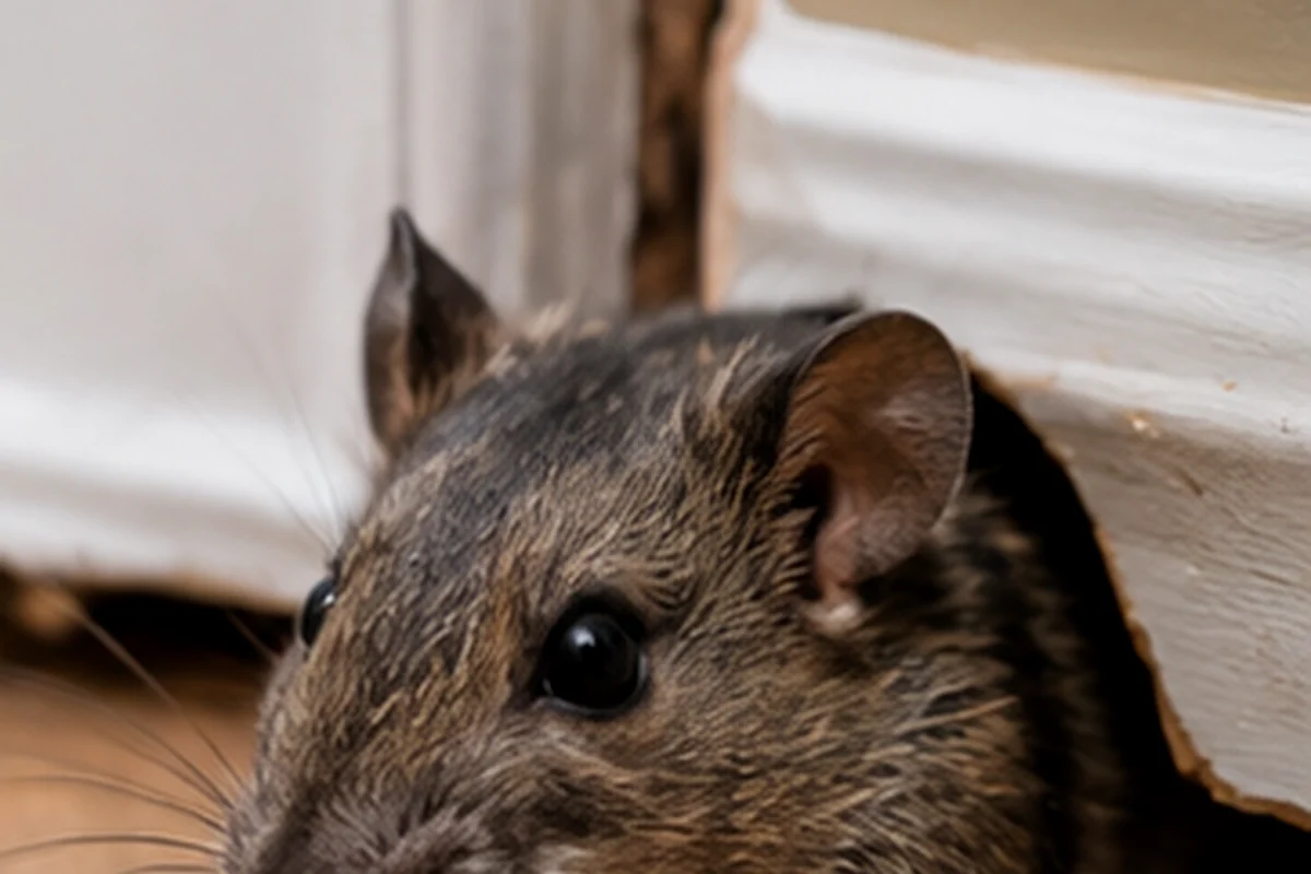 Rodent emerging near a damaged residential wall opening