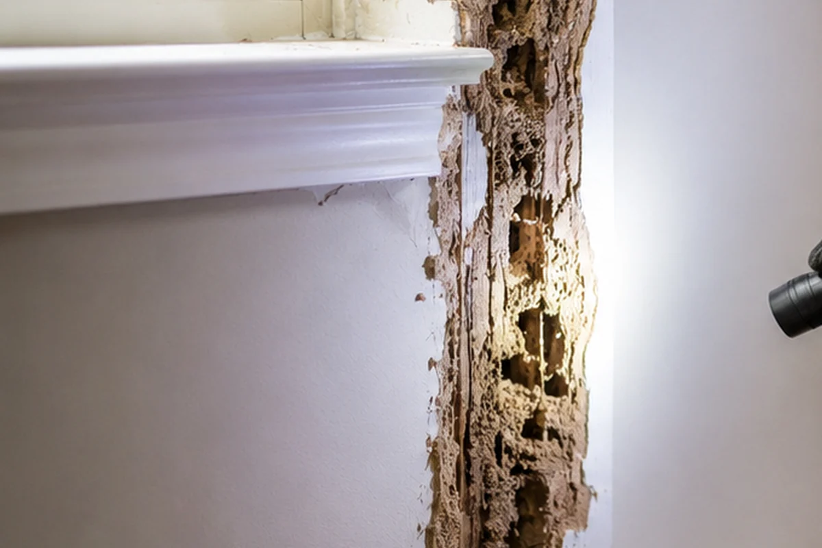 Visible insect and termite-like damage in residential wood trim
