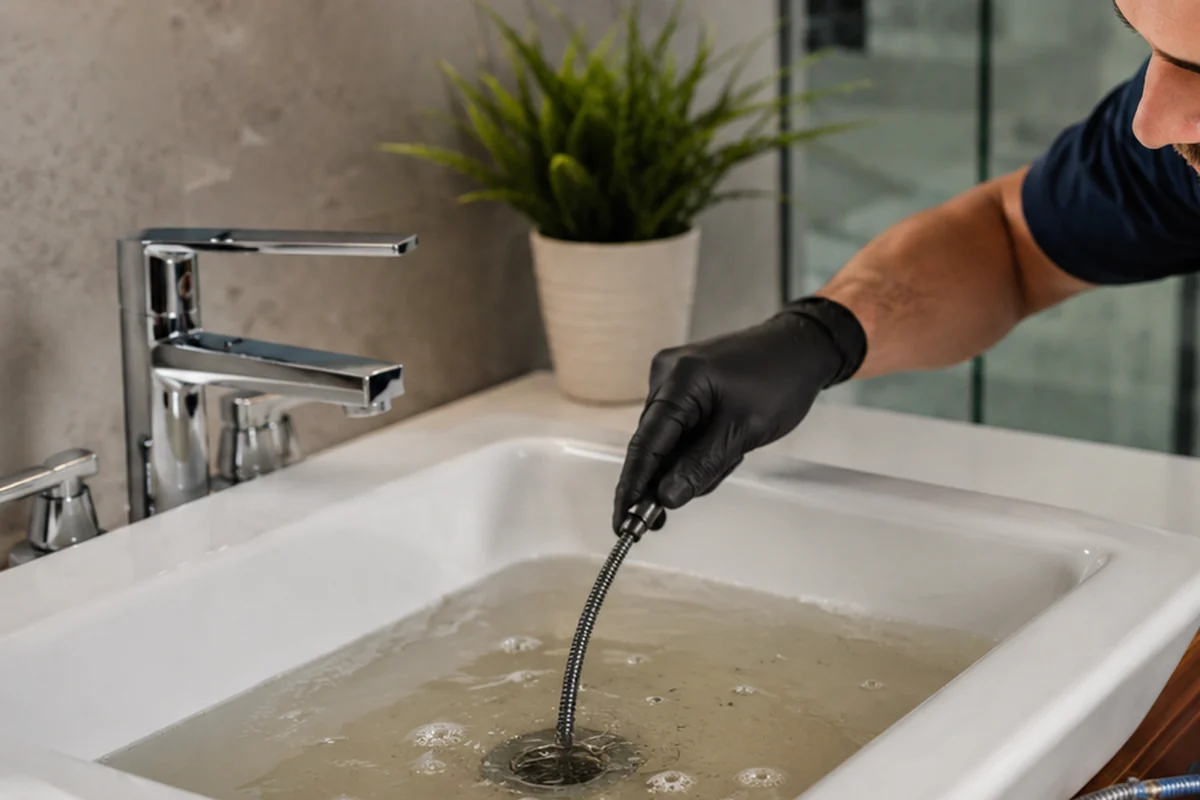 Standing water in a residential sink for a slow-drain guide