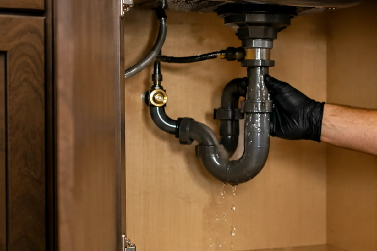 Active leak beneath a residential sink