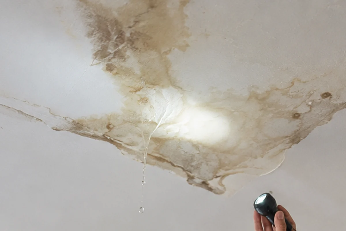 Visible ceiling water stain and moisture damage