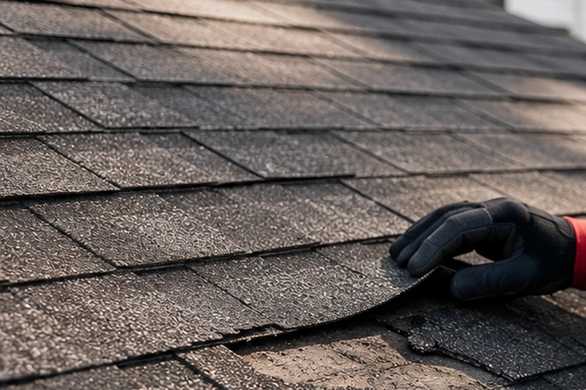 Missing and damaged asphalt shingles on a residential roof