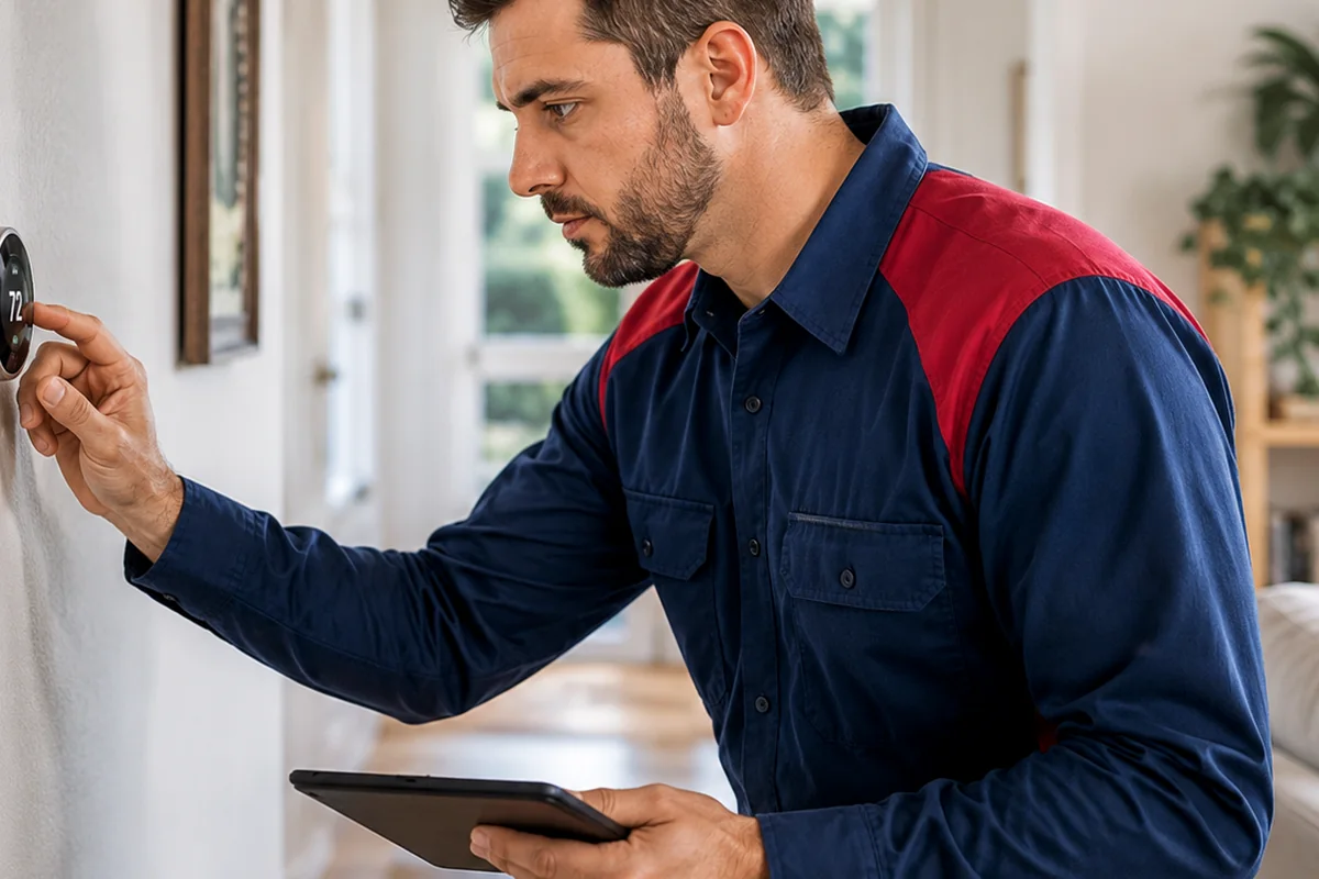 HVAC technician checking a residential thermostat