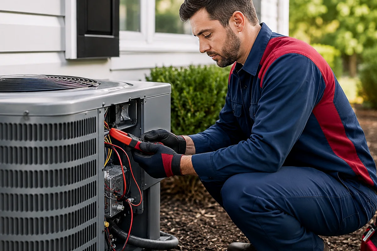 HVAC technician servicing residential cooling equipment