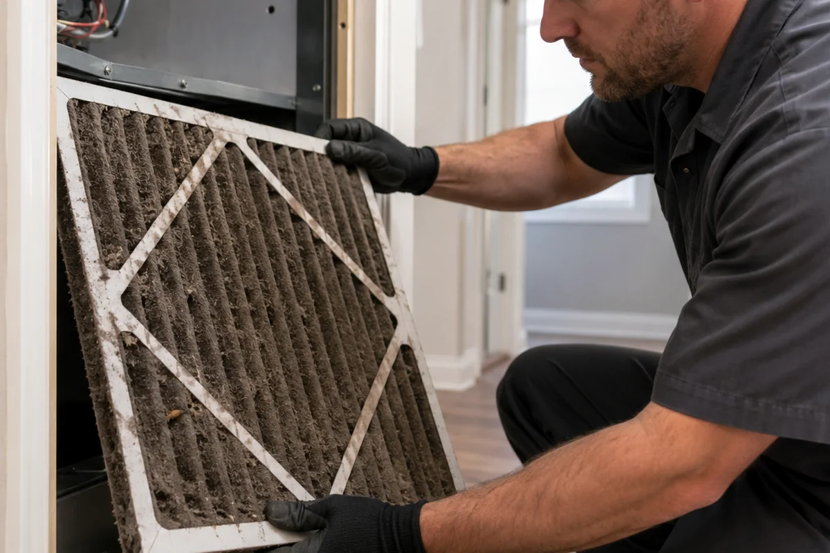 HVAC technician inspecting a residential air filter and system