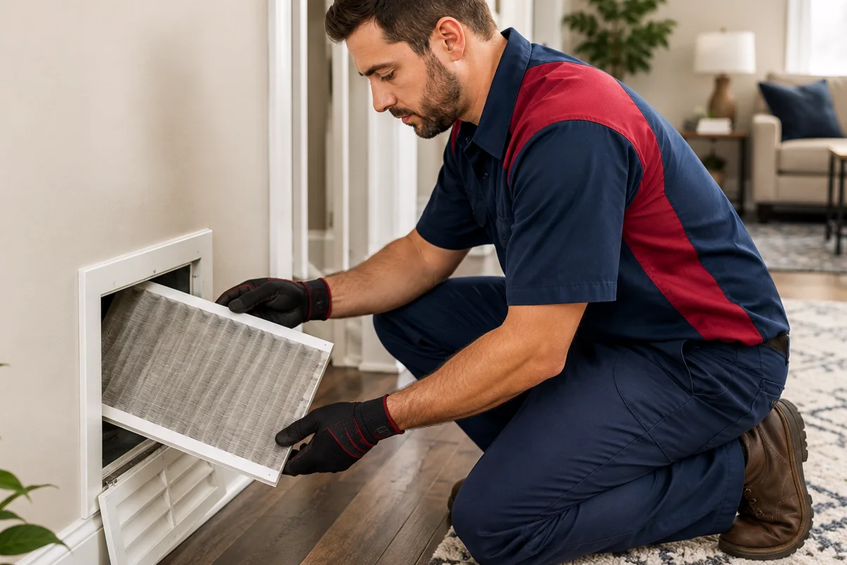 HVAC technician replacing a residential air filter