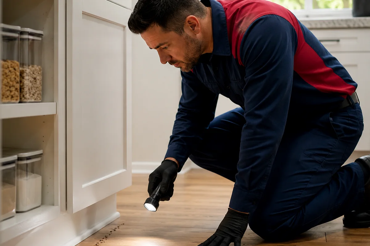 Pest-control technician inspecting pest evidence in a residential kitchen