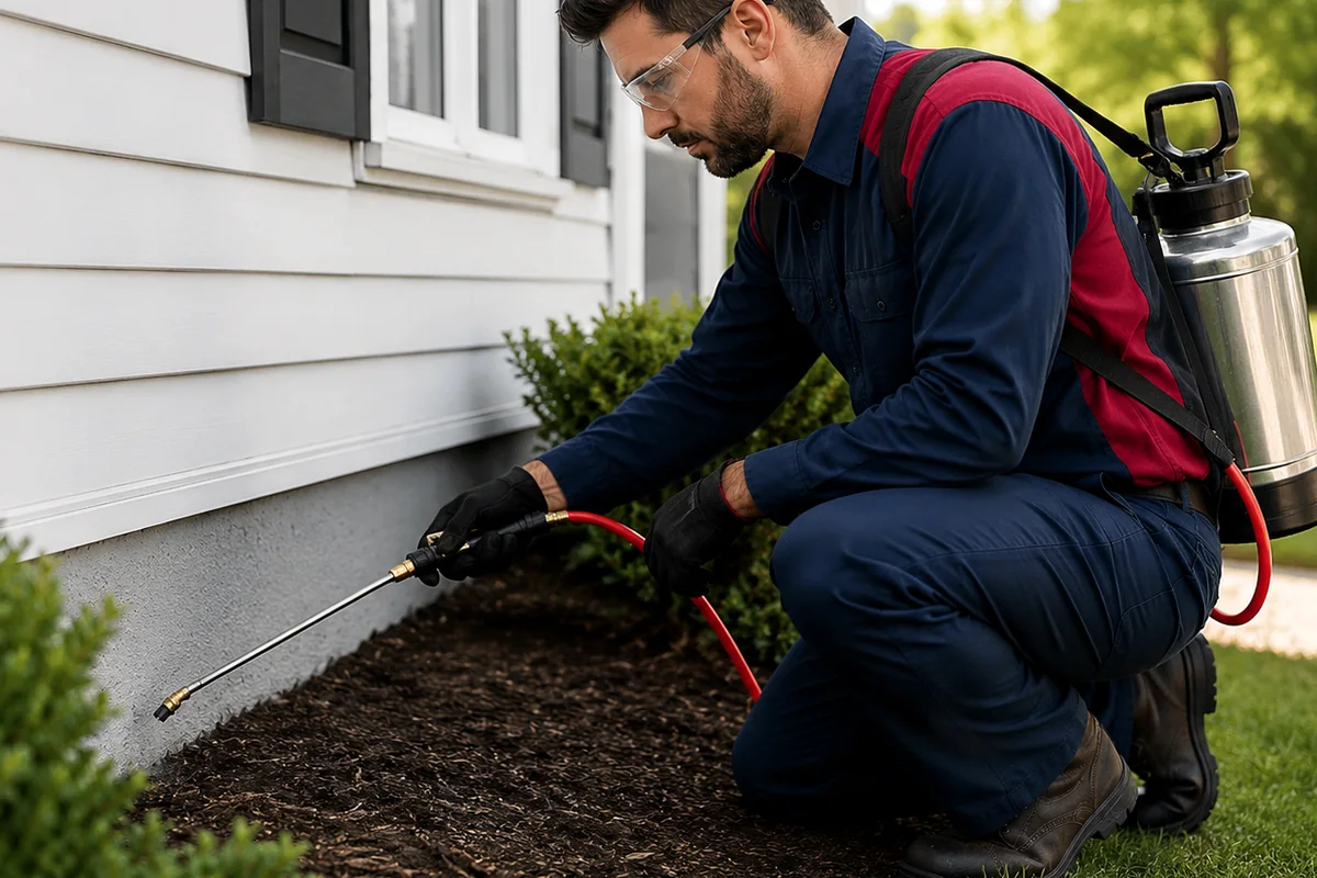 Pest-control technician treating the foundation of a residential home
