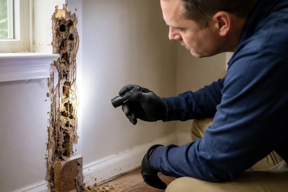 Pest-control professional inspecting possible wood pest damage