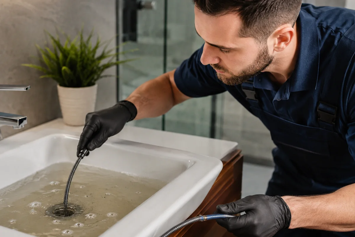 Plumber clearing a residential sink drain