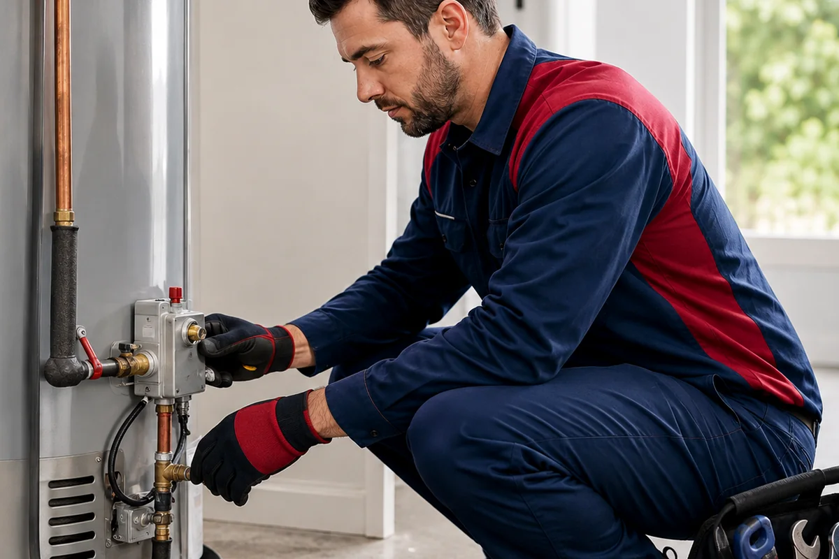 Plumber inspecting a residential water heater