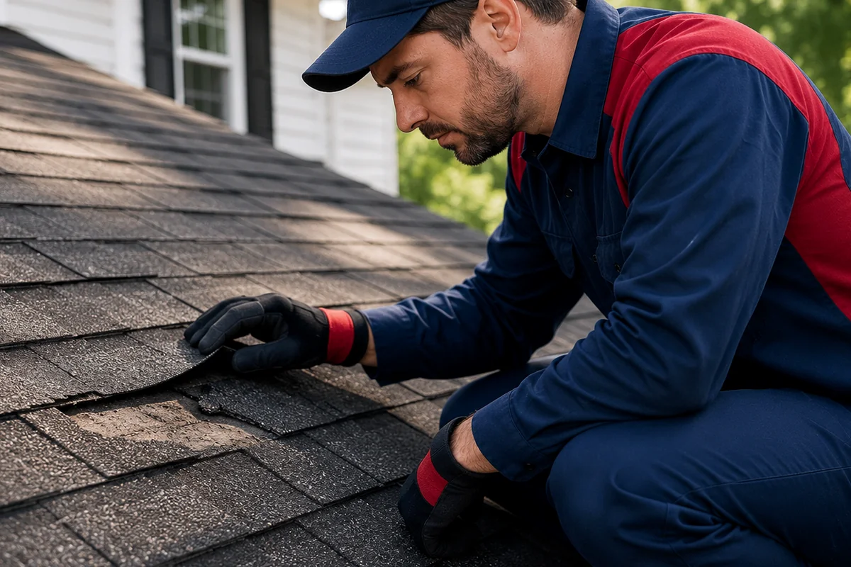 Roofing technician inspecting damaged residential shingles