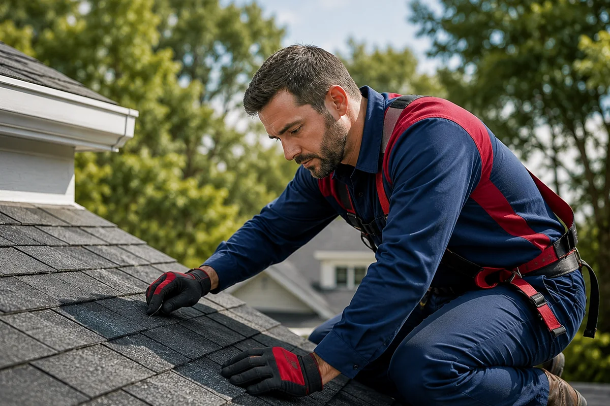 Roofing technician inspecting asphalt shingles on a residential roof