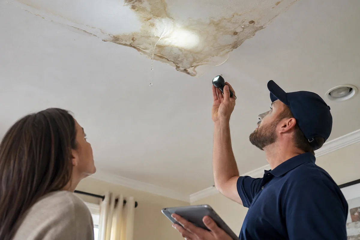 Home-service professional inspecting a ceiling leak beneath a roof