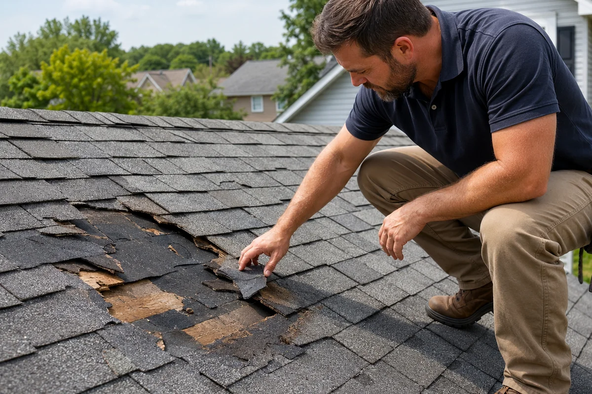 Roofing professional assessing visible residential roof damage