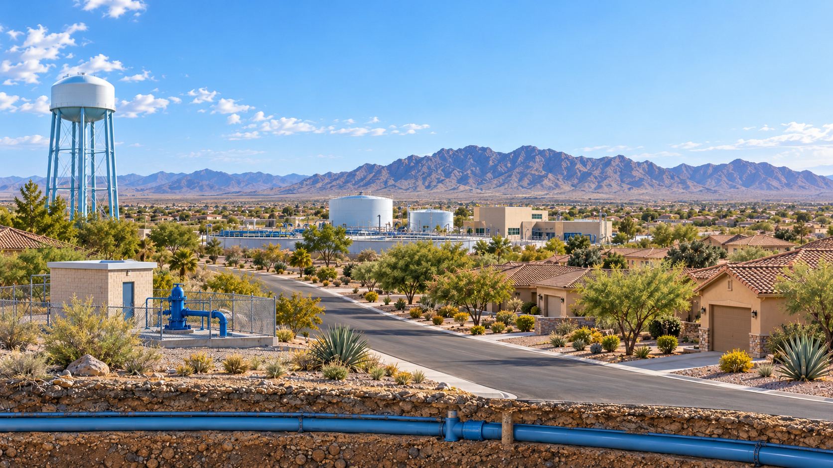 Horizon City-style desert neighborhood with municipal water infrastructure