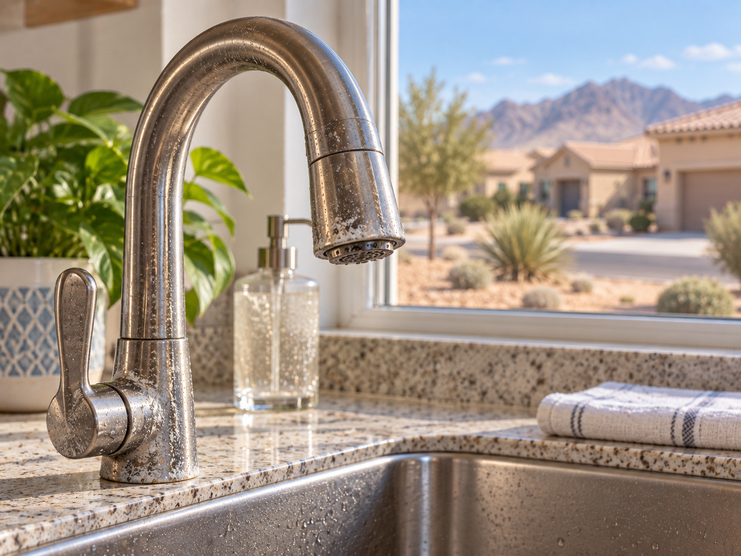 Household faucet with visible mineral scale and desert Southwest home context