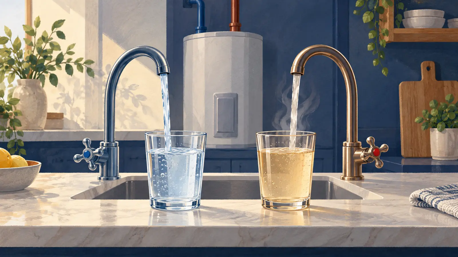 Two faucet samples comparing clear cold water with discolored hot water