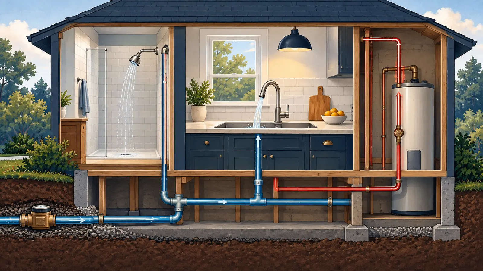 Home cutaway comparing shower, faucet and hot-water pressure paths