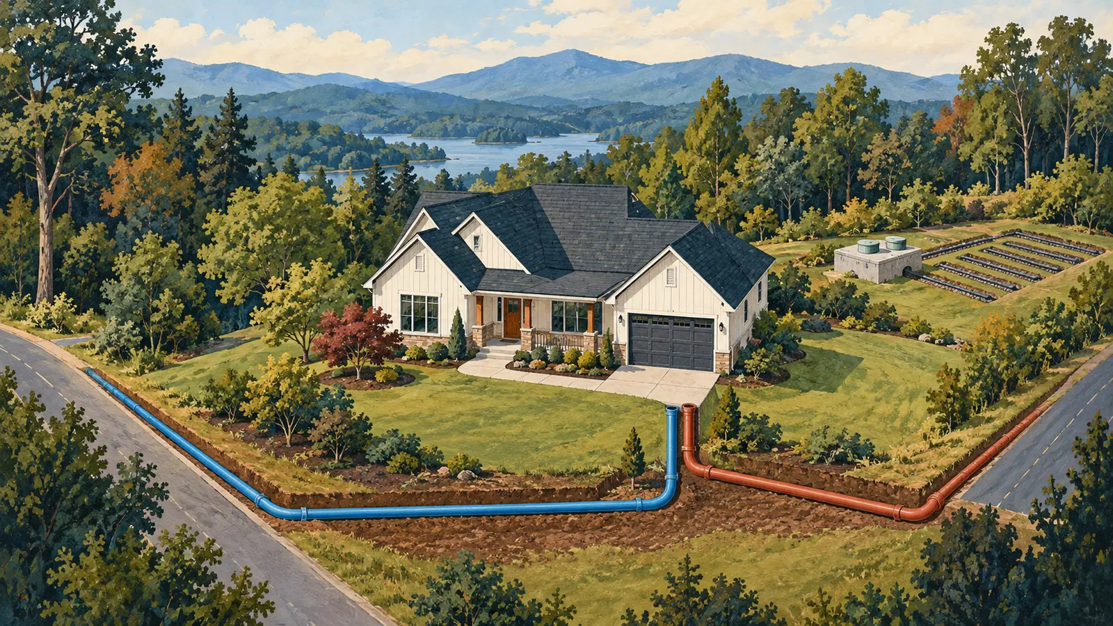 Spartanburg-area home with separate illustrated water, sewer and septic service paths